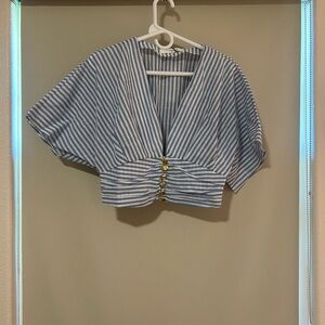 Striped Blue & White V-Neck Cropped Button Front Top